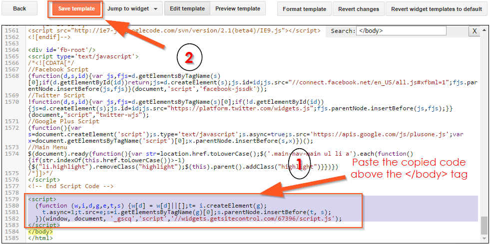 paste the code above the closing body tag and save template
